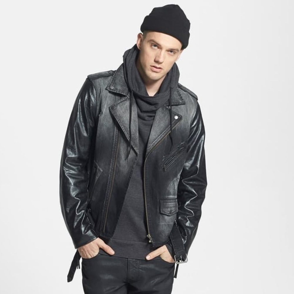 PRPS “Cruiser” Black Denim and Leather Moto Jacket